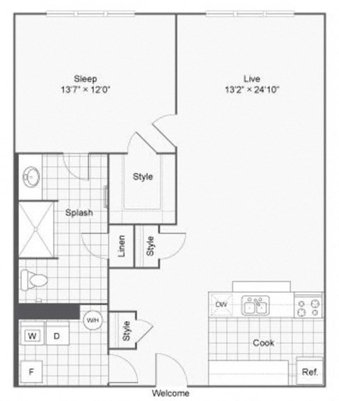 Floor plan for 1 bed, 1 bath, 1010 sqft